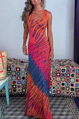 Vacation Tie Dye Print Strap Design Contrast U Neck Printed Dresses