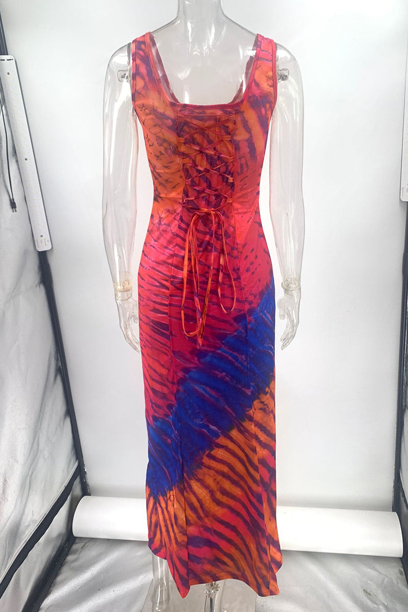 Vacation Tie Dye Print Strap Design Contrast U Neck Printed Dresses