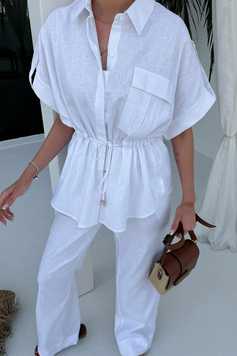 Draw String Pocket Turndown Collar Short Sleeve Two Pieces(3 Colors)