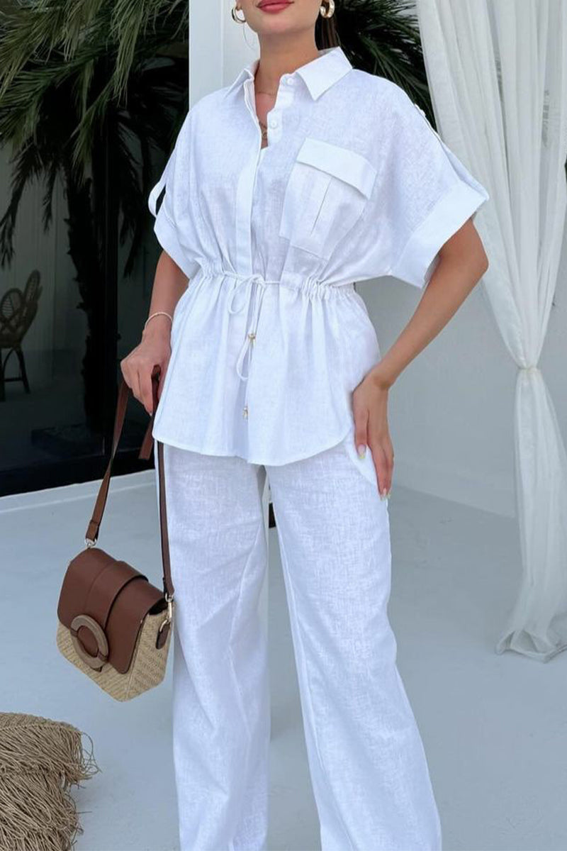 Draw String Pocket Turndown Collar Short Sleeve Two Pieces(3 Colors)