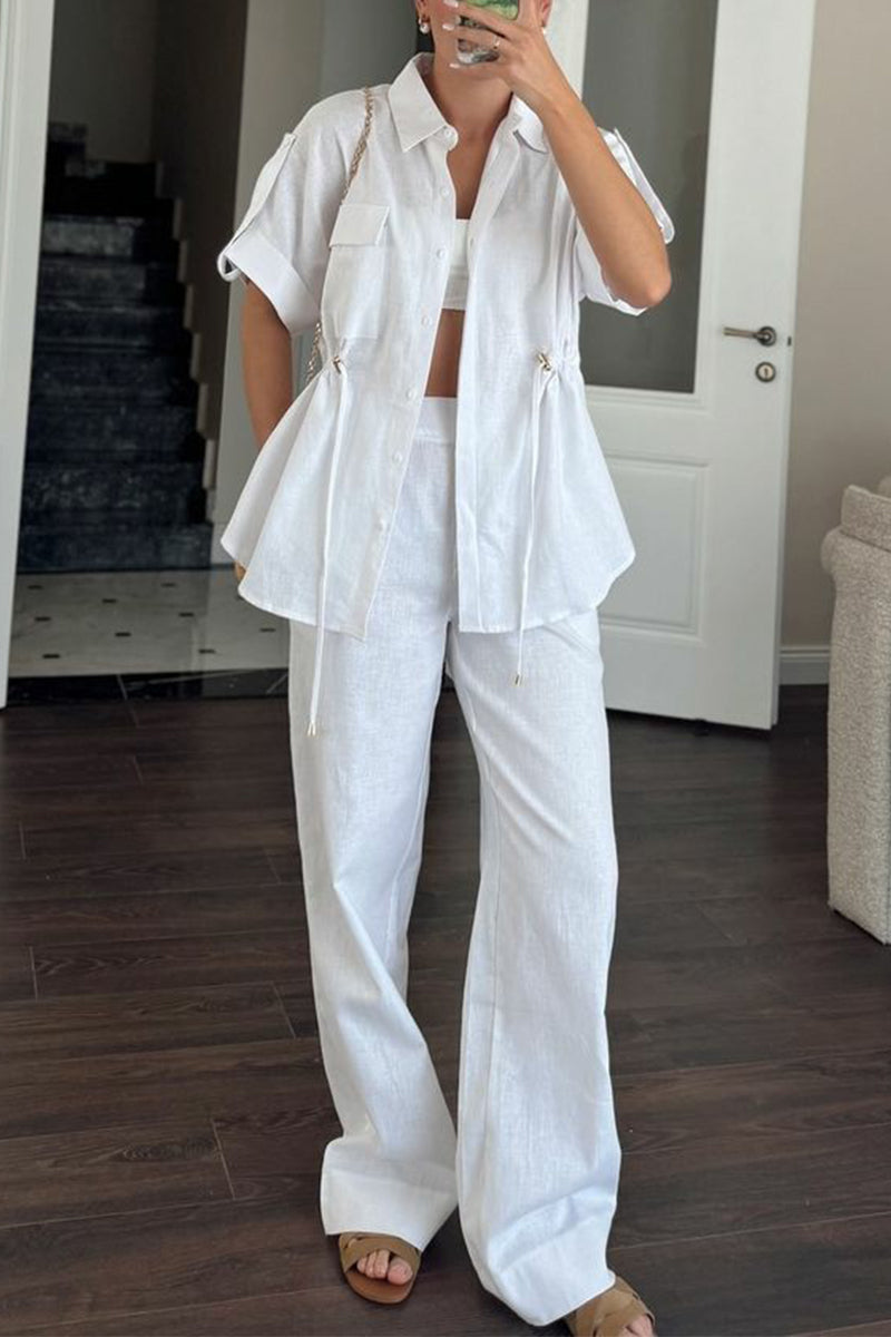 Draw String Pocket Turndown Collar Short Sleeve Two Pieces(3 Colors)