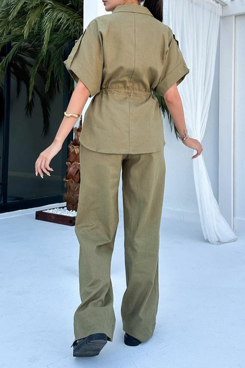 Draw String Pocket Turndown Collar Short Sleeve Two Pieces(3 Colors)