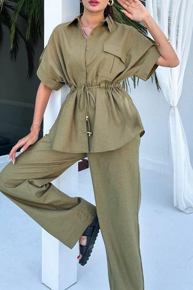 Draw String Pocket Turndown Collar Short Sleeve Two Pieces(3 Colors)