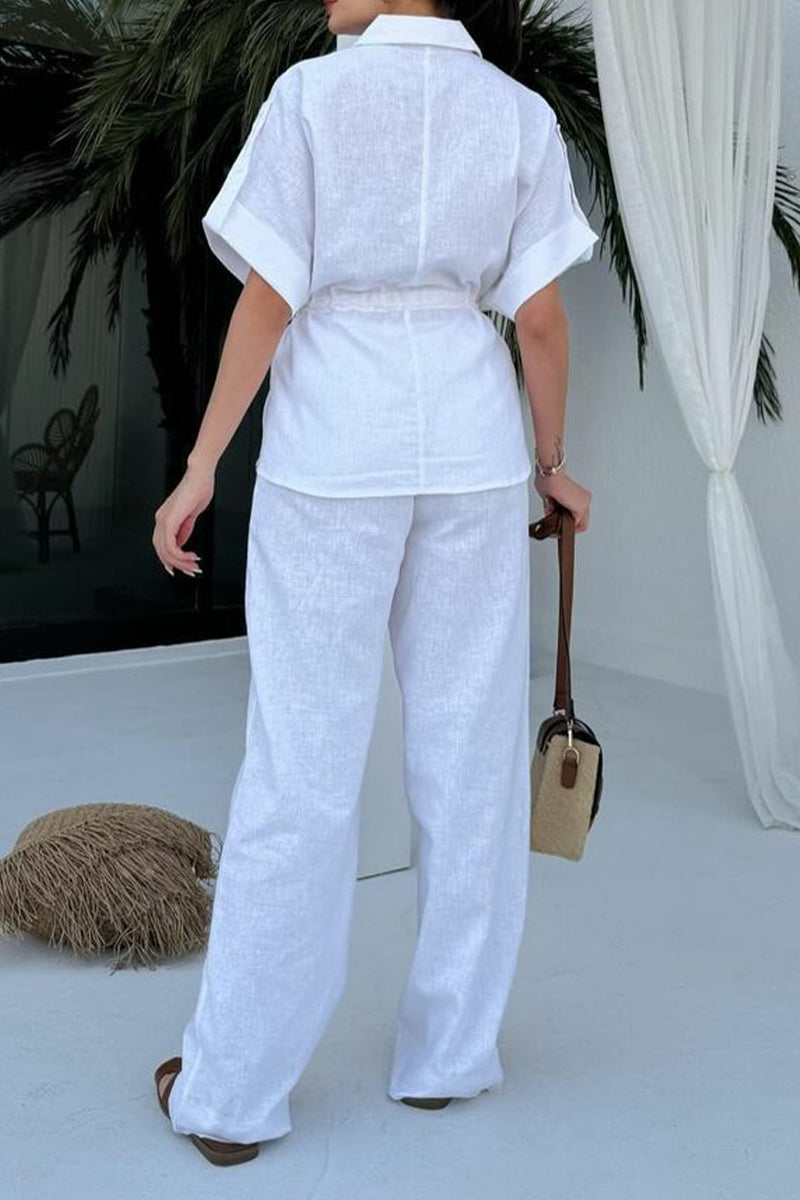 Draw String Pocket Turndown Collar Short Sleeve Two Pieces(3 Colors)