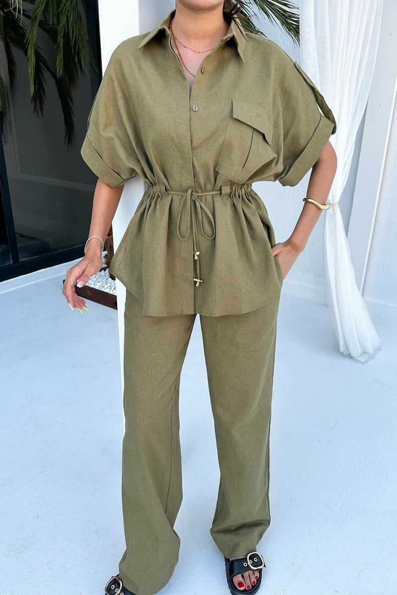 Draw String Pocket Turndown Collar Short Sleeve Two Pieces(3 Colors)