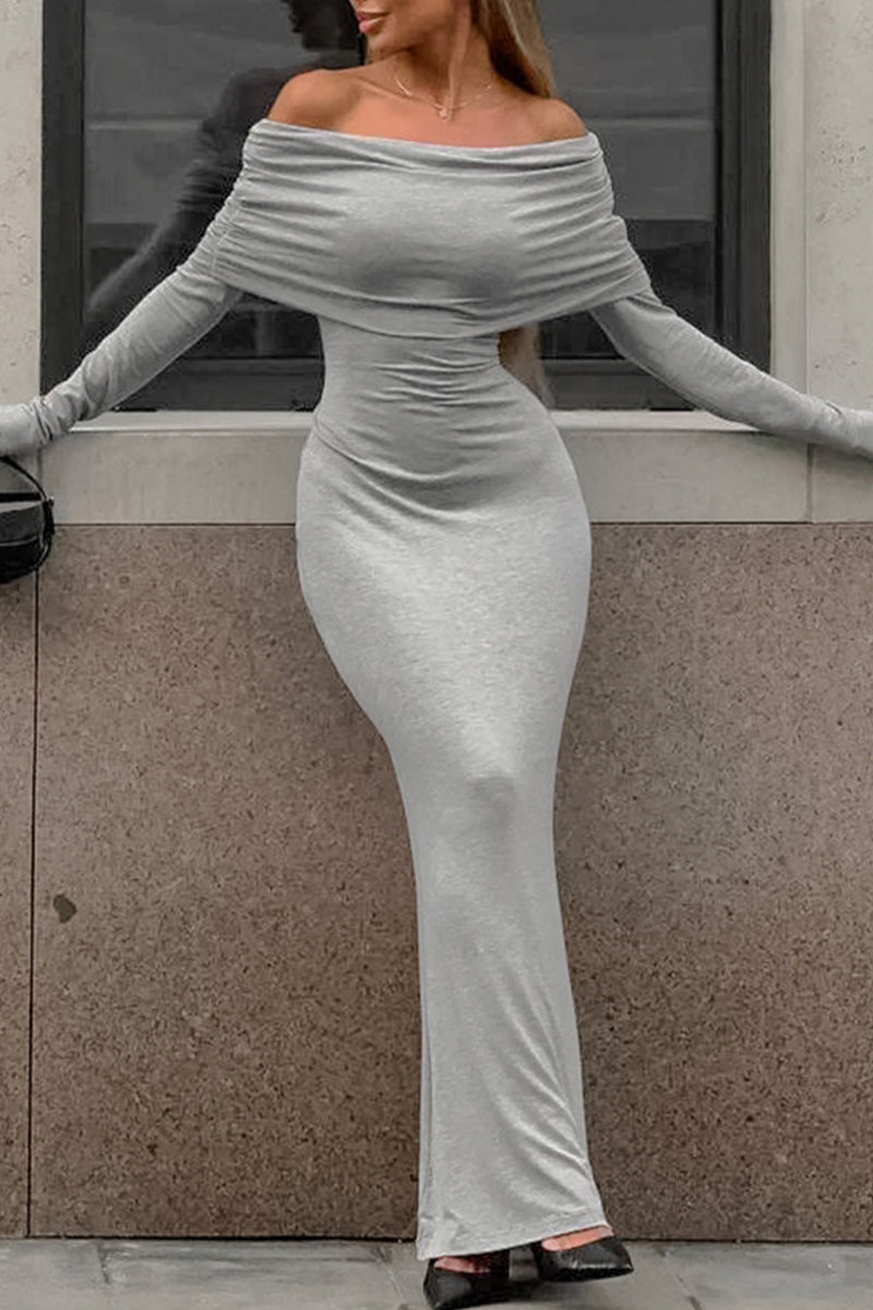 Street Solid Color Ruched Off Shoulder One Step Skirt Dresses