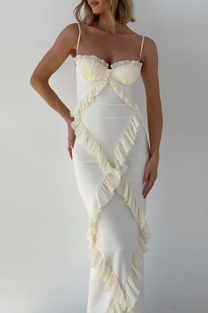Solid Color Patchwork Ruffle V Neck Sling Dresses