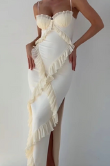 Solid Color Patchwork Ruffle V Neck Sling Dresses