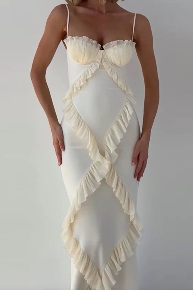 Solid Color Patchwork Ruffle V Neck Sling Dresses