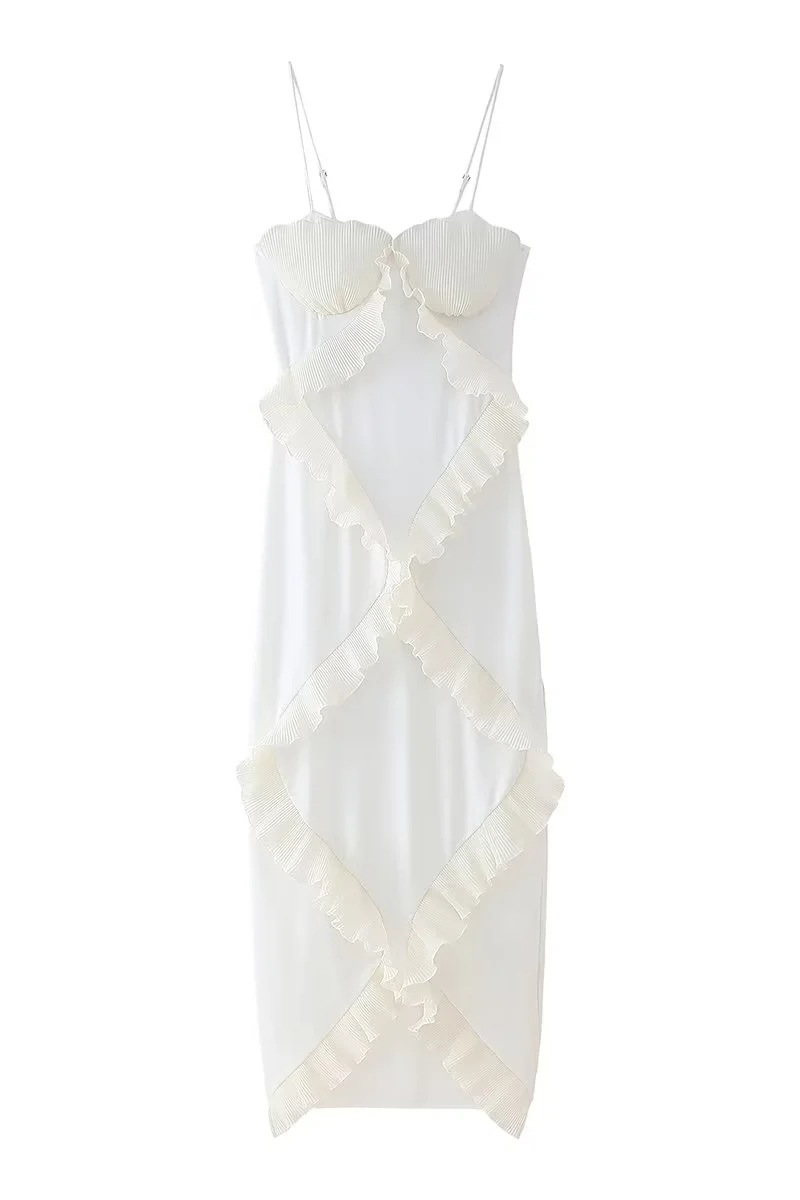 Solid Color Patchwork Ruffle V Neck Sling Dresses