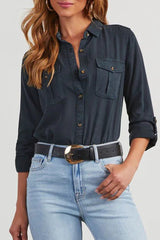 Pocket Buttons Turndown Collar Blouses(4 Colors)