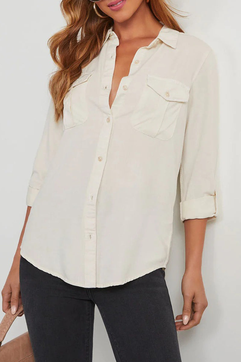 Pocket Buttons Turndown Collar Blouses(4 Colors)
