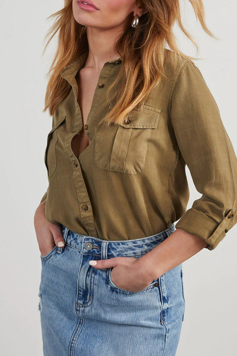 Pocket Buttons Turndown Collar Blouses(4 Colors)