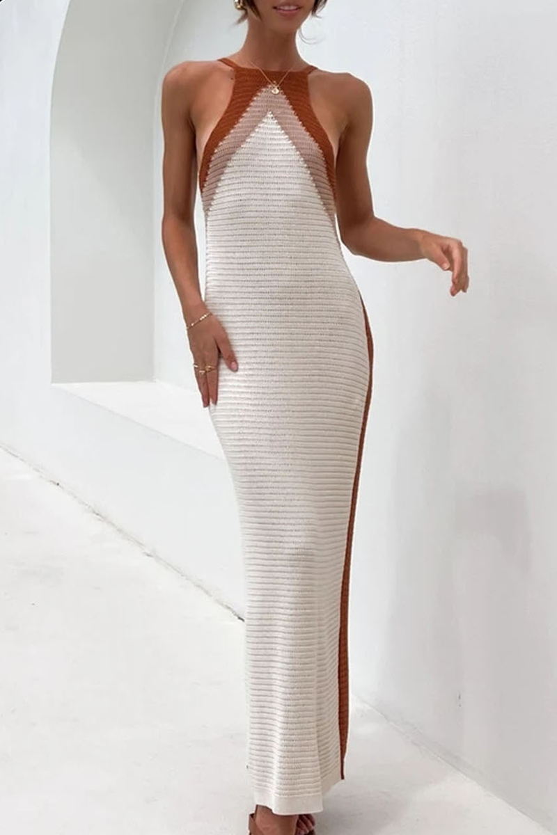 Vacation Stripe Slit Knit Contrast Swimwears Cover Up