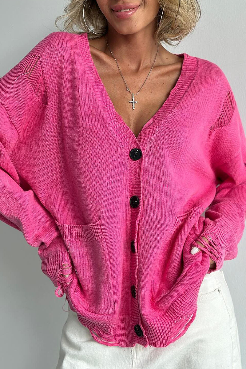 Ripped Distressed Pocket Buttons V Neck Outerwear(3 Colors)