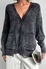 Ripped Distressed Pocket Buttons V Neck Outerwear(3 Colors)