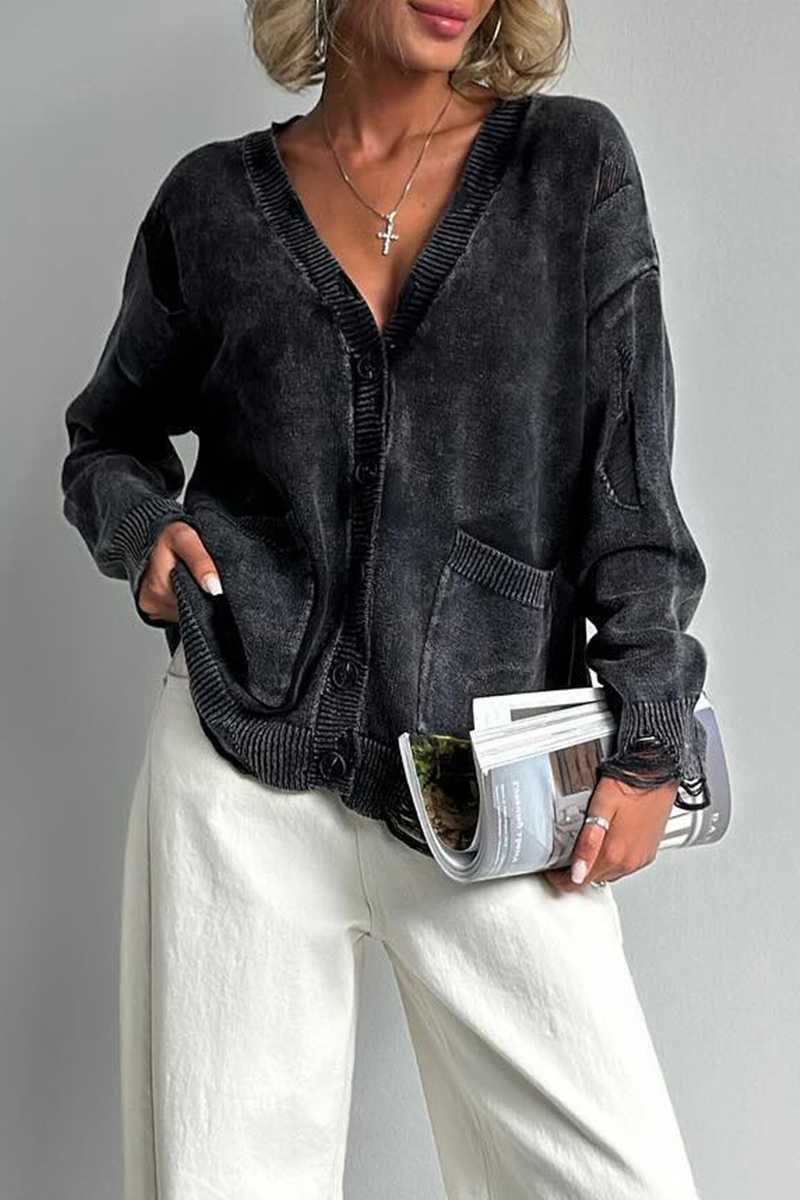 Ripped Distressed Pocket Buttons V Neck Outerwear(3 Colors)