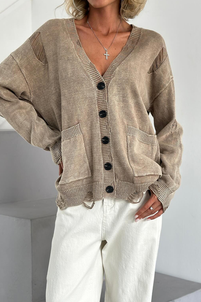 Ripped Distressed Pocket Buttons V Neck Outerwear(3 Colors)