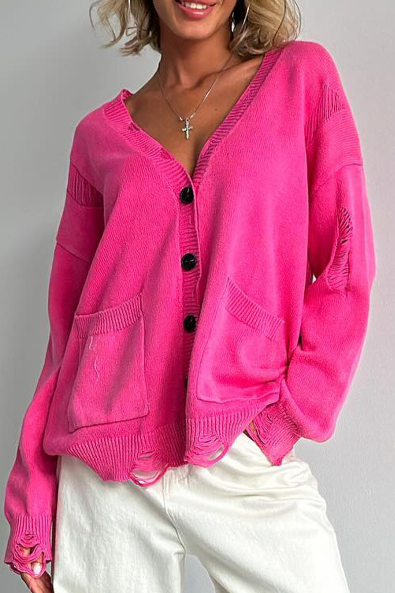 Ripped Distressed Pocket Buttons V Neck Outerwear(3 Colors)