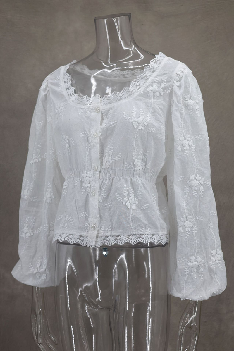 Daily Solid Color Embroidered Buttons See-Through U Neck Blouses