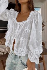 Daily Solid Color Embroidered Buttons See-Through U Neck Blouses