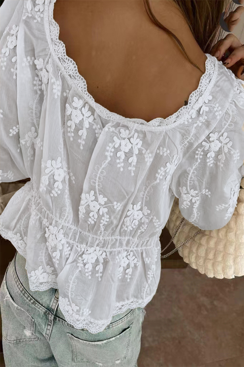 Daily Solid Color Embroidered Buttons See-Through U Neck Blouses