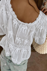 Daily Solid Color Embroidered Buttons See-Through U Neck Blouses