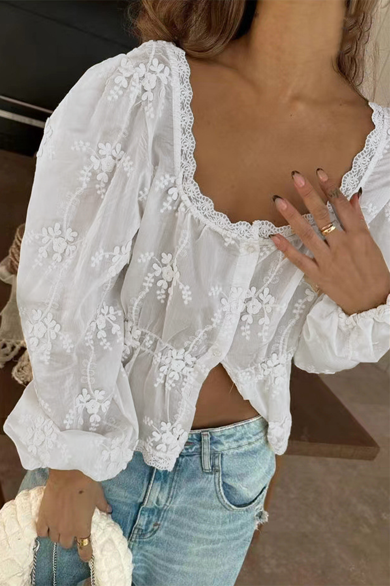 Daily Solid Color Embroidered Buttons See-Through U Neck Blouses