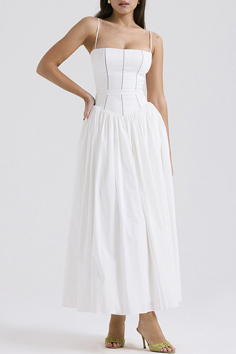 Solid Color Hollow Out Lace Up Square Neck Sling Dresses
