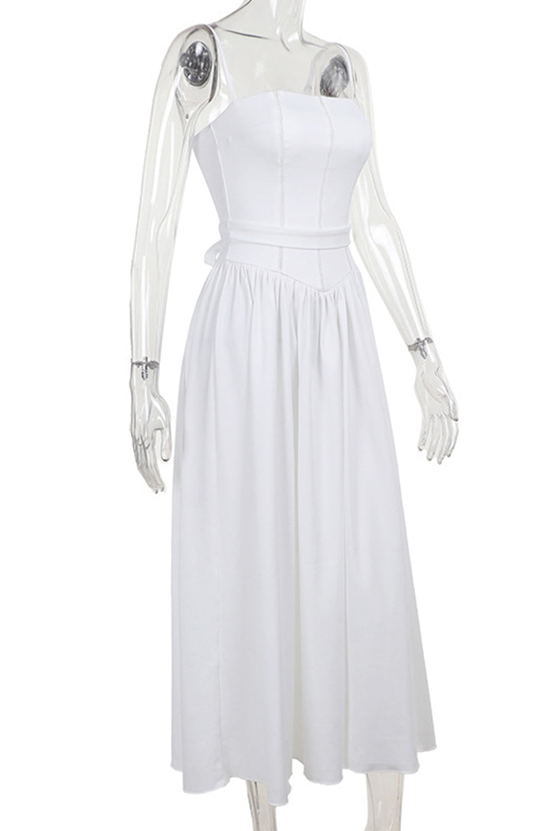 Solid Color Hollow Out Lace Up Square Neck Sling Dresses