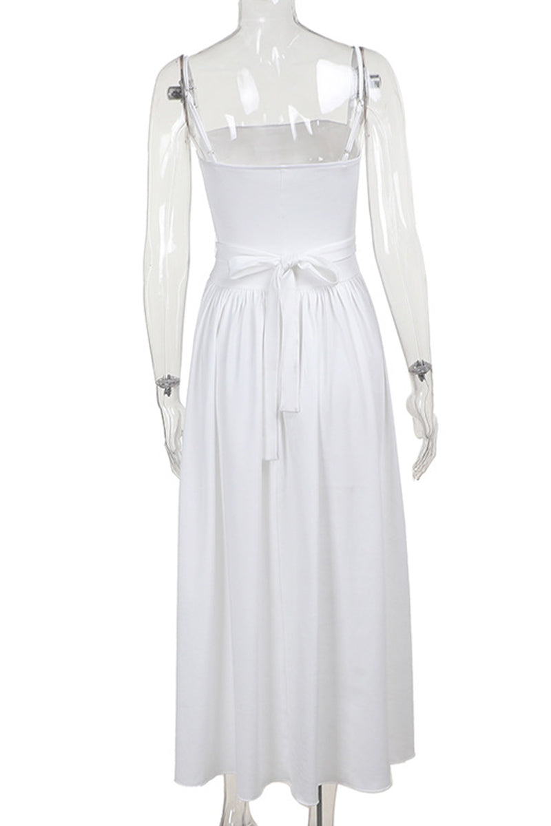 Solid Color Hollow Out Lace Up Square Neck Sling Dresses
