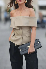 Street Solid Color Buttons Off Shoulder Blouses