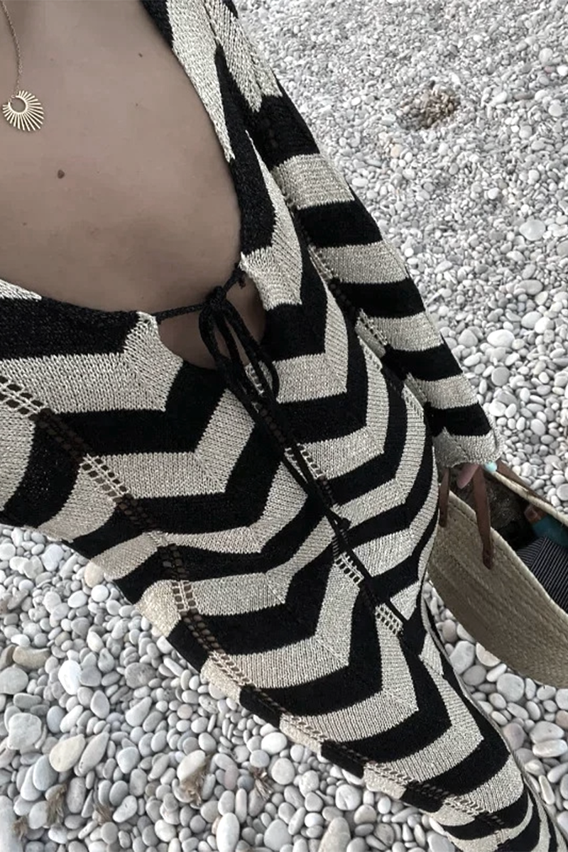 Colorblock Lace Up Weave V Neck One Step Skirt Dresses