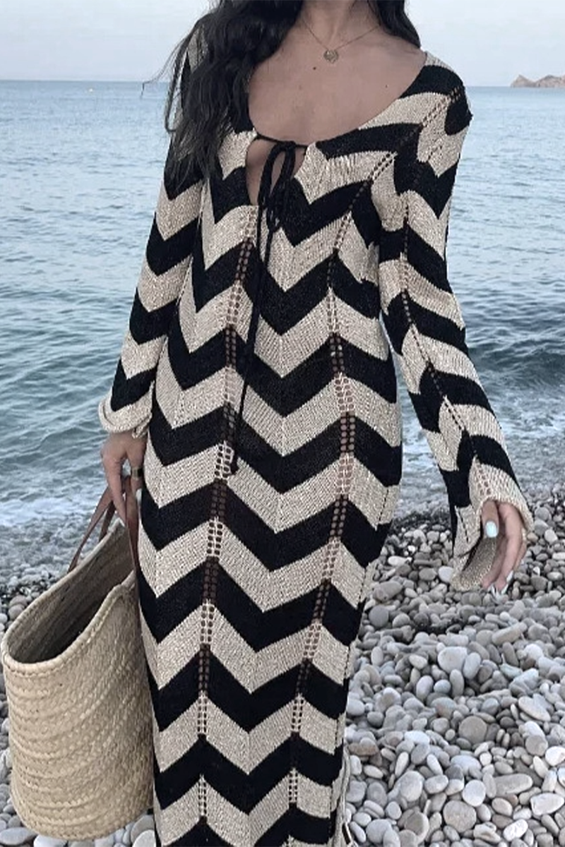Colorblock Lace Up Weave V Neck One Step Skirt Dresses