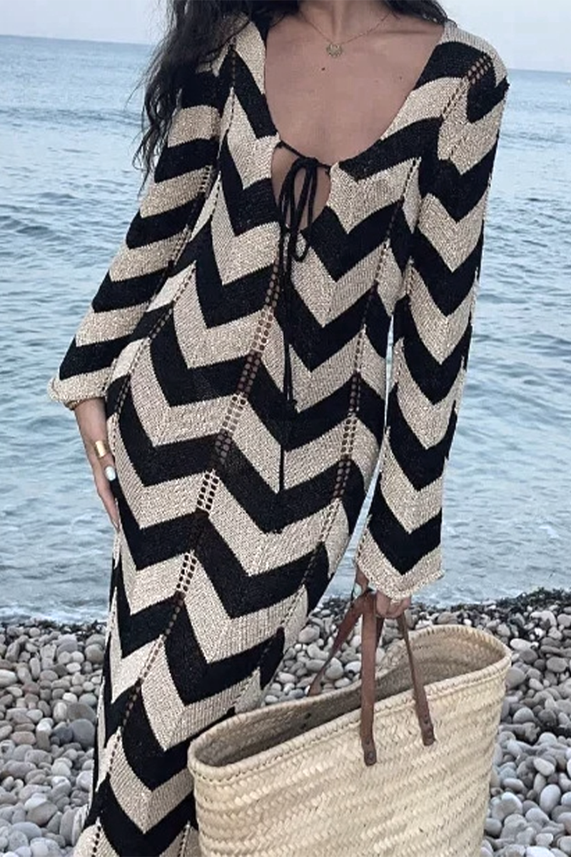 Colorblock Lace Up Weave V Neck One Step Skirt Dresses