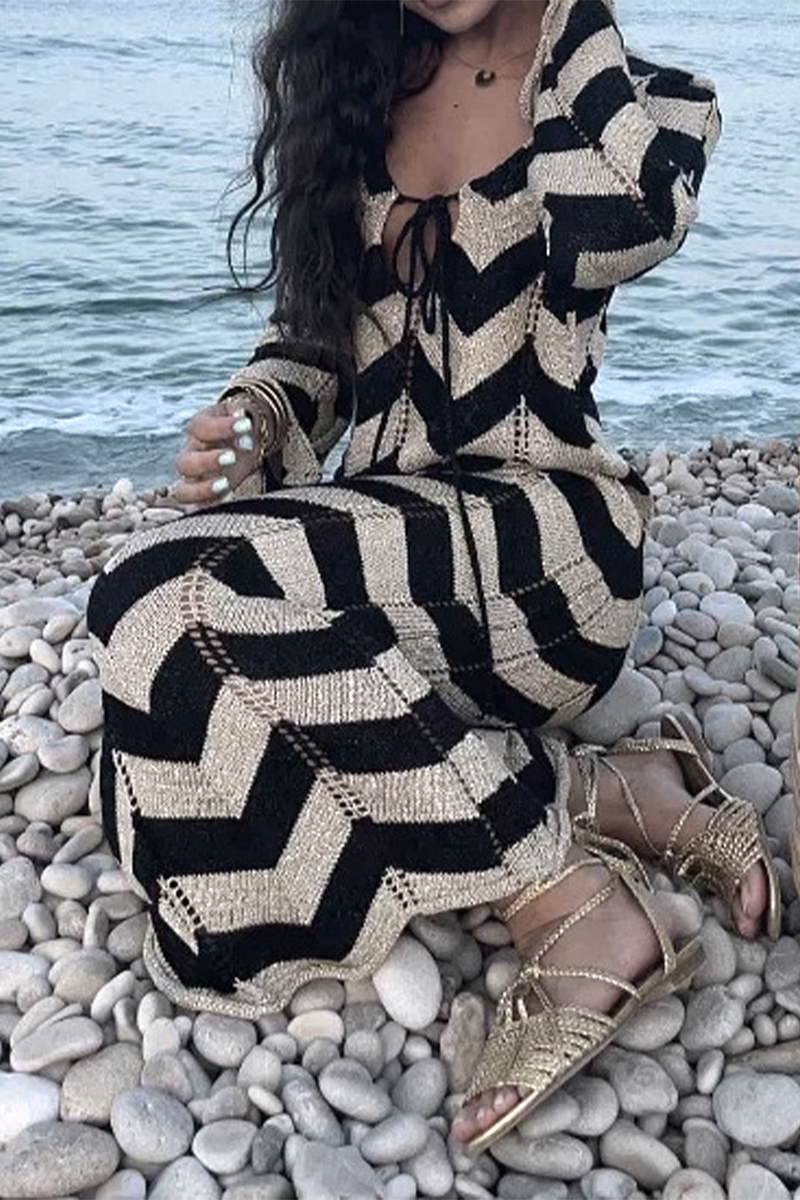 Colorblock Lace Up Weave V Neck One Step Skirt Dresses