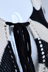 Colorblock Lace Up Weave V Neck One Step Skirt Dresses