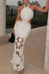 Solid Color Hollow Out Lace Up Backless Halter One Step Skirt Dresses