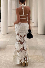 Solid Color Hollow Out Lace Up Backless Halter One Step Skirt Dresses