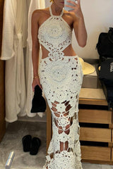 Solid Color Hollow Out Lace Up Backless Halter One Step Skirt Dresses
