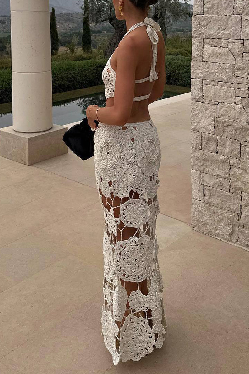 Solid Color Hollow Out Lace Up Backless Halter One Step Skirt Dresses