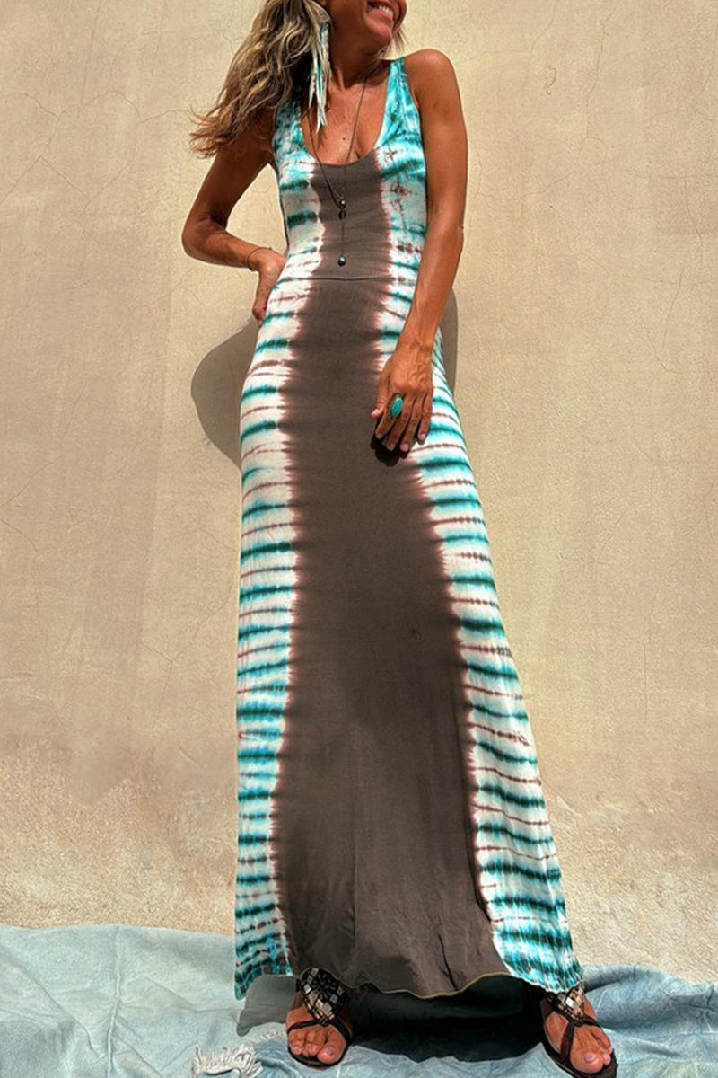 Tie Dye Print Backless U Neck One Step Skirt Dresses