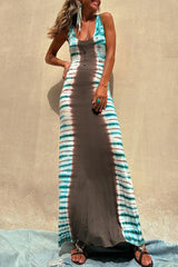 Tie Dye Print Backless U Neck One Step Skirt Dresses