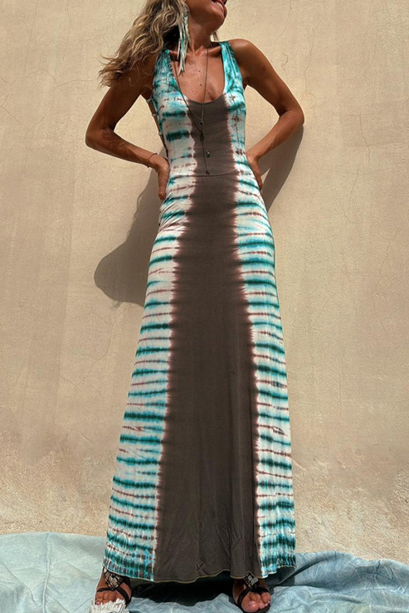 Tie Dye Print Backless U Neck One Step Skirt Dresses