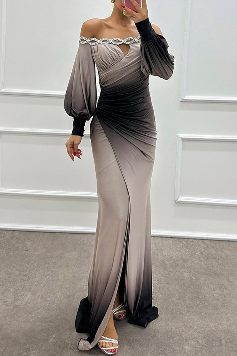 Prom Gradient Print Slit Ruched Contrast Off Shoulder Long Dresses(7 Colors)