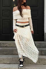 Lace See-Through Off Shoulder Long Sleeve Two Pieces(No Belt)