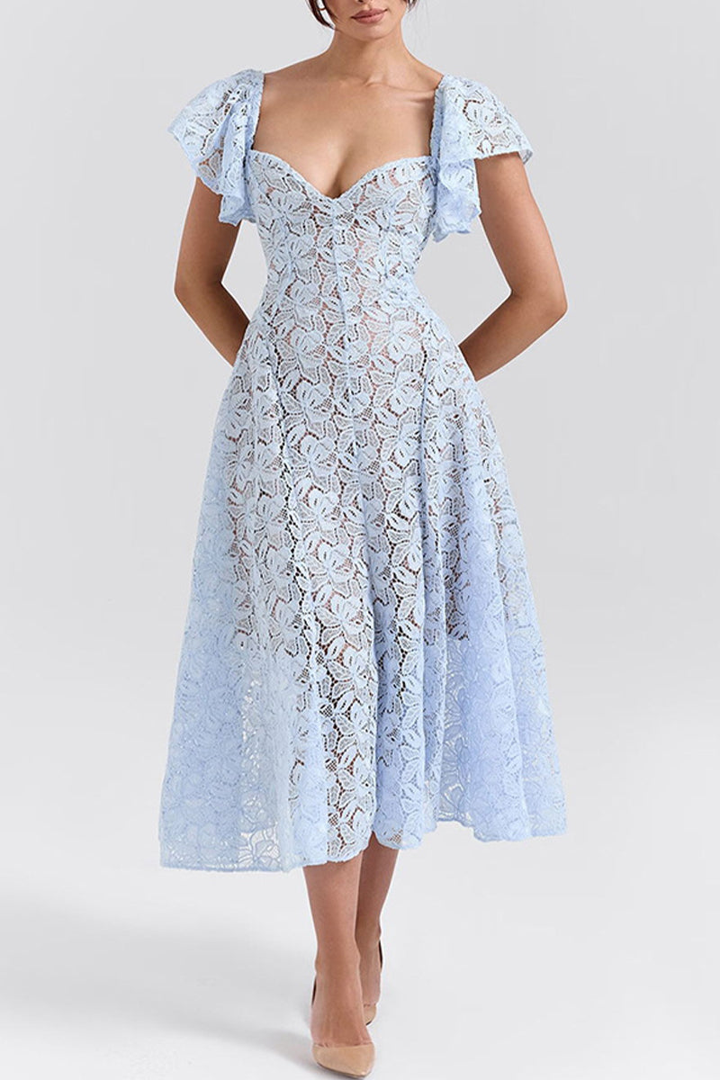 Hollow Out Ruffle V Neck A Line Short Sleeve Dress