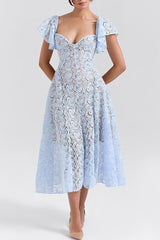 Hollow Out Ruffle V Neck A Line Short Sleeve Dress