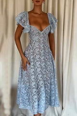 Hollow Out Ruffle V Neck A Line Short Sleeve Dress