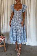 Hollow Out Ruffle V Neck A Line Short Sleeve Dress